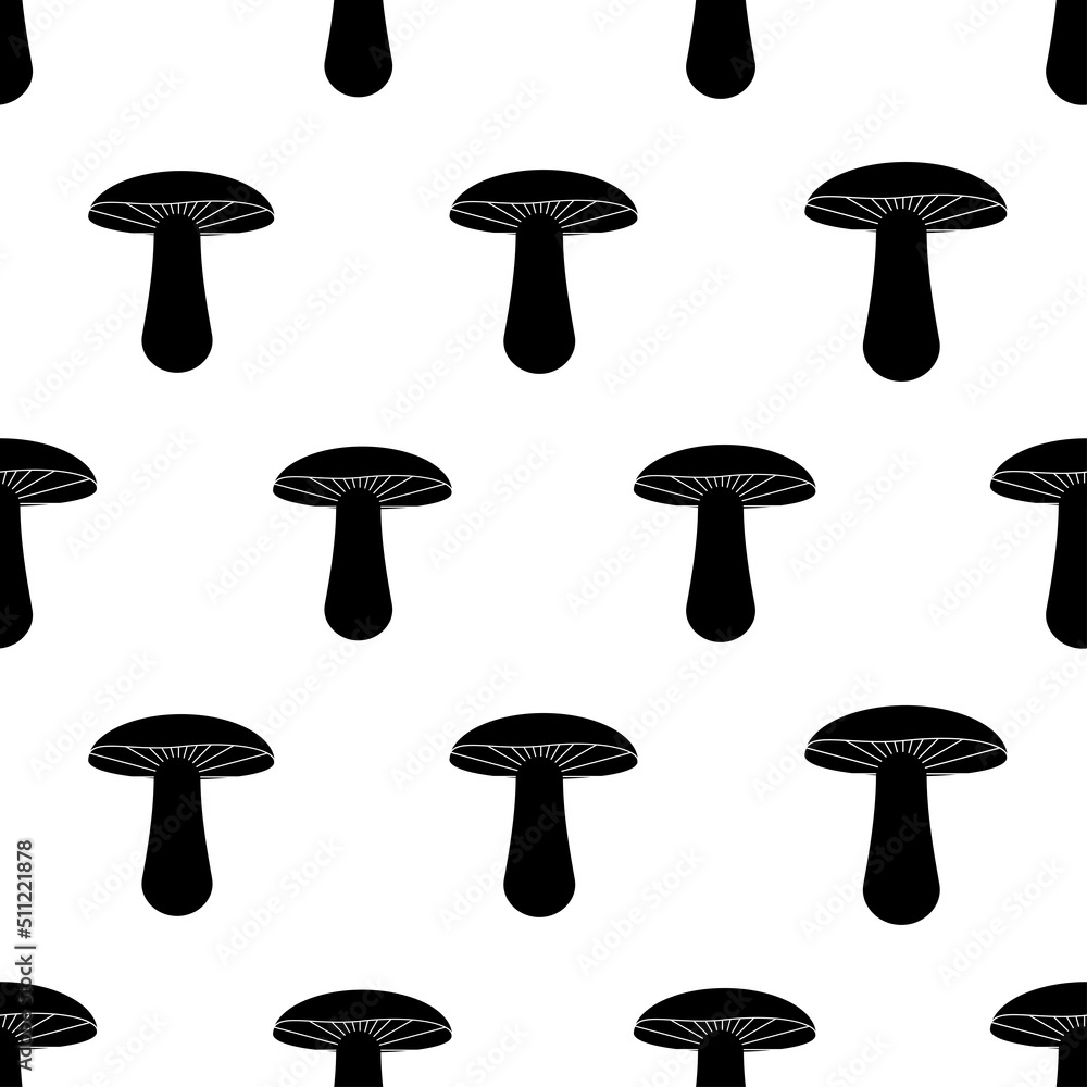 Seamless pattern with mushrooms. Black icon of mushrooms on white background. Isolated symbol mushroom in flat style. Design for print on fabric, wrapping paper, packing, wallpaper.Vector illustration Seamless pattern with mushrooms. Black icon of mushrooms on white background. Isolated symbol mushroom in flat style. Design for print on fabric, wrapping paper, packing, wallpaper.Vector illustration