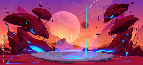 Fantastic landscape of alien planet with game battle podium, rocks, flying stones and glowing blue spots. Vector cartoon fantasy illustration of space planet surface panorama, game background
