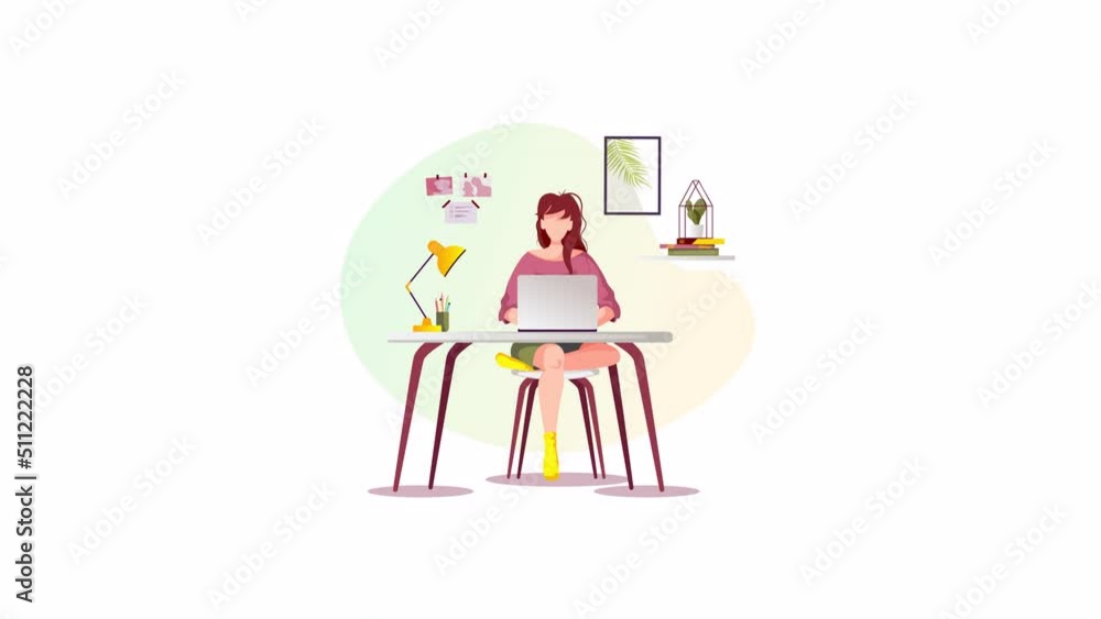 Woman working with laptop at the table. Freelance, work at home, online job, office, workplace, e-learning concept. Animation video. Woman working with laptop at the table. Freelance, work at home, online job, office, workplace, e-learning concept. Animation video.