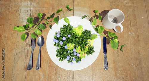 Flower and grass dining wooden table setting Vegetarian