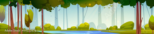 Cartoon forest panoramic background with clear lake under green trees with bushes around and falling sunshine. Wild nature landscape, beautiful scenery view, summer wood or park, Vector illustration