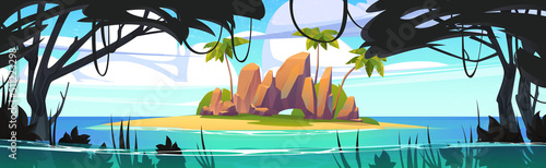 Tablou canvas Tropical landscape with island in ocean, uninhabited secret pirate isle with beach, palm trees, jungle lianas and rocks at sea under cloudy sky