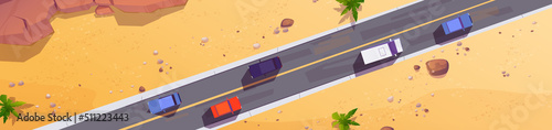 Road with cars top view, straight two lane highway along sandy land with rocks and palm trees. Cartoon overhead panoramic background with vehicles riding at asphalt pathway, Vector illustration photo
