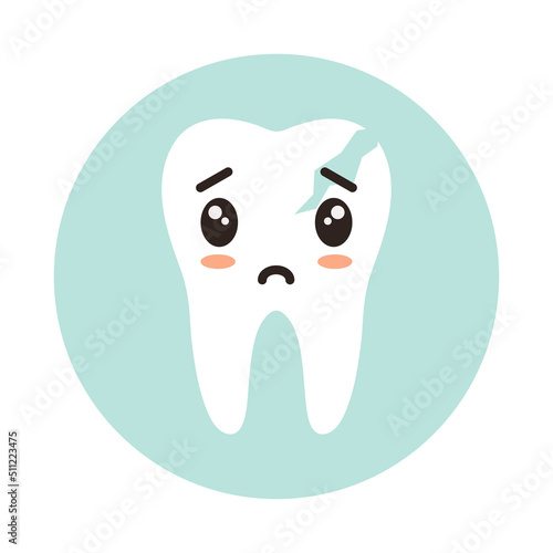 Cracked tooth with kawaii emotion. Vector illustration