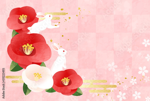 うさぎと椿の花のピンクのかわいい2023年年賀状のベクターイラスト(art,holiday,card,new year's card, pink,kawaii)