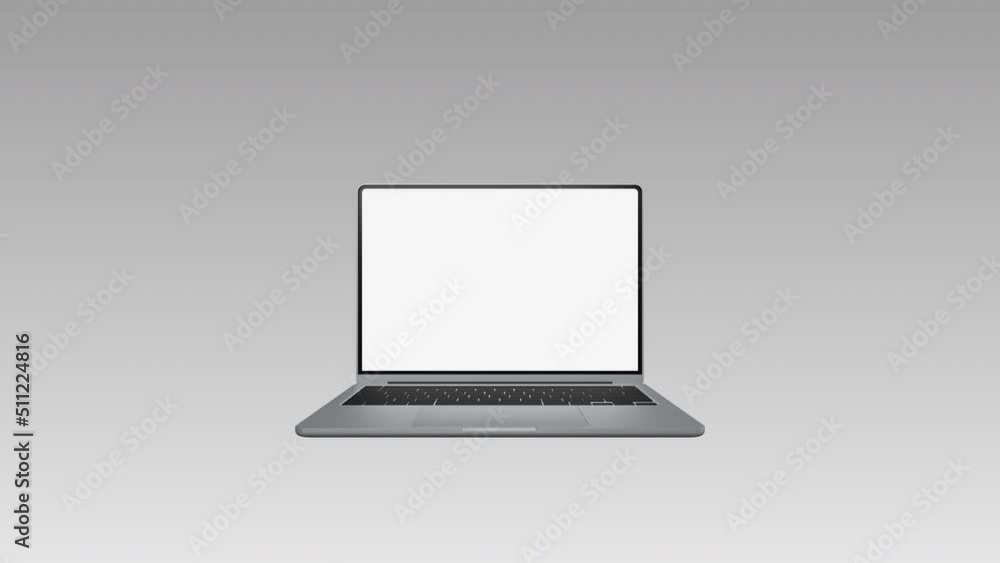 Realistic thin laptop computer 3d animation. Highly detailed metallic notebook open cover with green screen on white background. Zoom in display with mark spot ready to track your own photo or video.