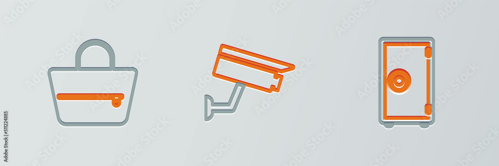 Set line Safe, Handbag and Security camera icon. Vector Set line Safe, Handbag and Security camera icon. Vector