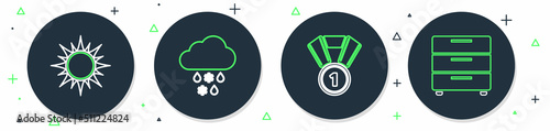 Set line Cloud with snow and rain, Medal, Sun and Furniture nightstand icon. Vector