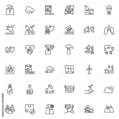 Ecology pollution line icons set