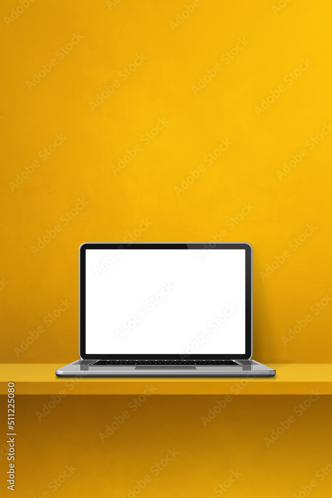 Laptop computer on yellow shelf. Vertical background - obrazy, fototapety, plakaty 