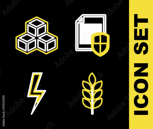 Set line Wheat, Lightning bolt, Play Video and Isometric cube icon. Vector