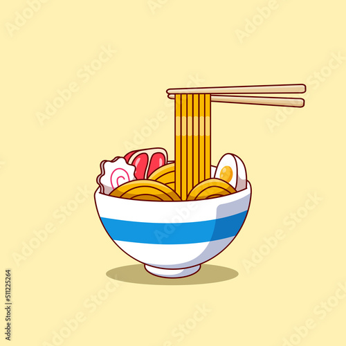 Cute cartoon ramen noodles topped with boiled meat and egg. Asian food cartoon. Vector illustration