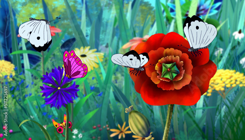 White Butterfly and Red Flower