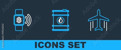 Set line Plane, Contactless payment and Barrel oil icon. Vector