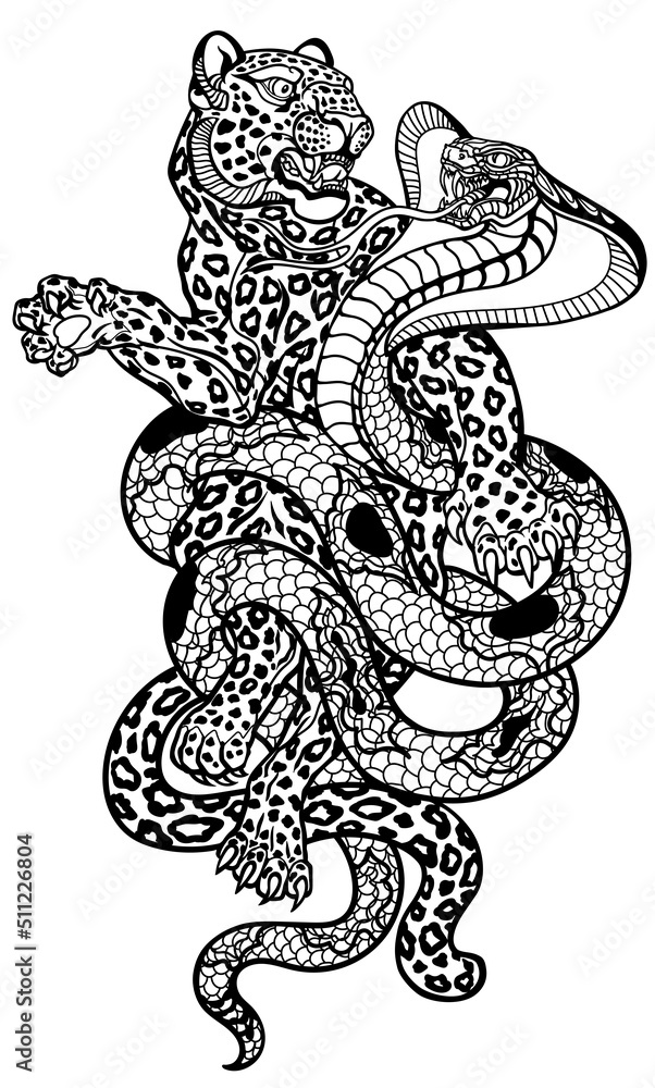 snake versus leopard. Fight of cobra and spotted panther. Black and