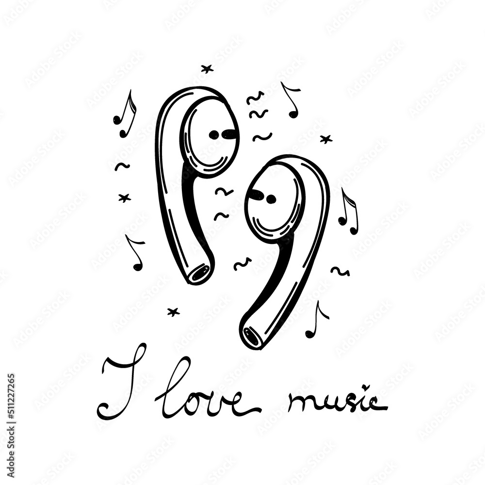 Modern headphones, hand-drawn doodle sketch style. The inscription is handwritten I love music. Vector in a simple cartoon style. Isolated elements on white background. Modern headphones, hand-drawn doodle sketch style. The inscription is handwritten I love music. Vector in a simple cartoon style. Isolated elements on white background.