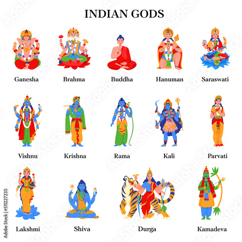 Ancient Indian Hindu Gods Color Isolated Icon Set