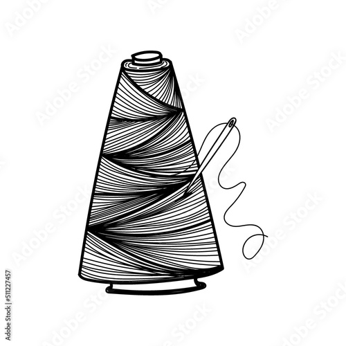 Large bobbin of thread with needle, hand-drawn in sketch style. Cross-winding the thread. Needle work. Sewing. Thread. Needle. Vector simple illustration.