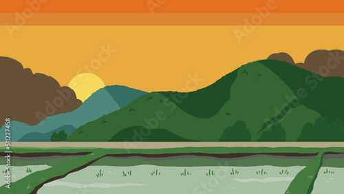 田んぼと山　夕方