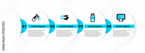 Set line Clinical record on monitor, Medical vial, ampoule, Magnet with money and Test tube drop of blood icon. Vector