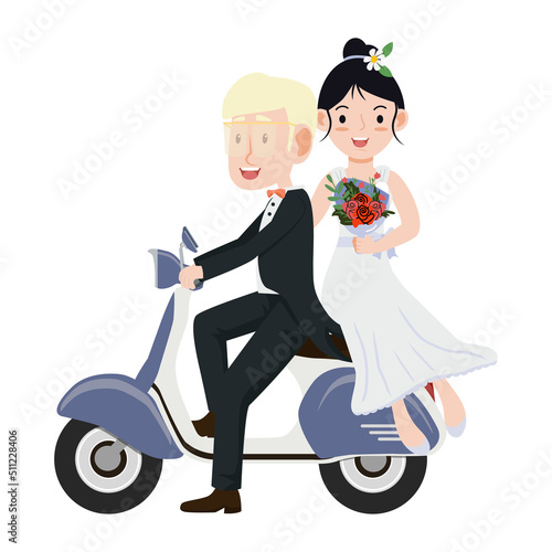 Guy with a girl riding on a  scooter wedding