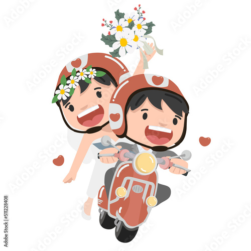 happy Couple wedding rides  on a vintage scooter