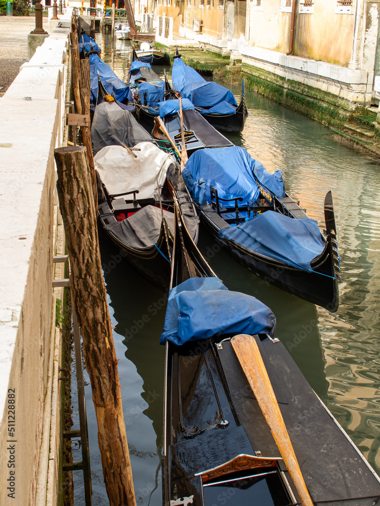 Gondola's moored up and waiting for passengers in Venice, Italy