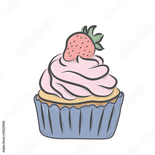 A simple drawing of a sweet cupcake with cream and strawberries. Handmade muffin with whipped cream. Drawing in doodle style with strokes. Colorful image on a white background.