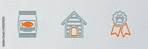 Set line Pet award symbol, Bag of food for cat and Dog house icon. Vector