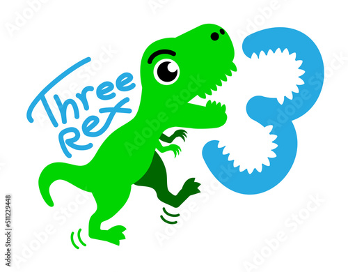 Fototapeta Naklejka Na Ścianę i Meble -  Green Dinosaur Tirannosaur Three Rex. Cartoon Trex. Design for baby boy and girl birhday on white background. Happy Birthday Card for a Child for Three Years.