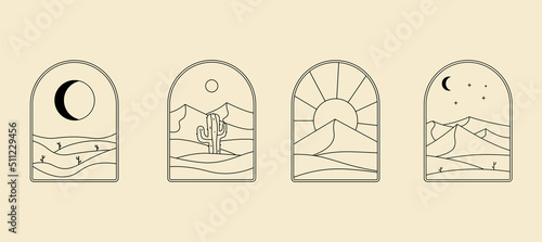 set landscape desert badge logo line art minimalist vector icon symbol graphic design illustration