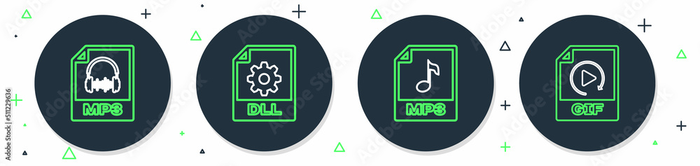 Set line DLL file document, MP3, and GIF icon. Vector Set line DLL file document, MP3, and GIF icon. Vector