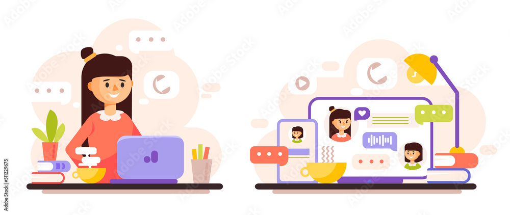Online communication concept. Home office, online conferences, chats, videos. A girl with a laptop communicates online. Flat vector illustration
