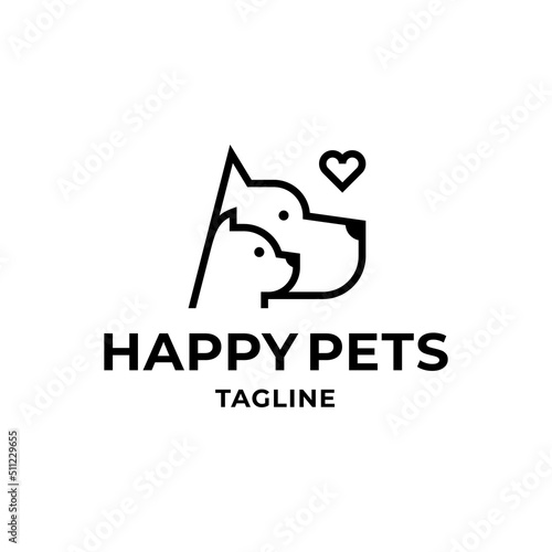 Cat and dog logo design template in outline minimal style for pet brand