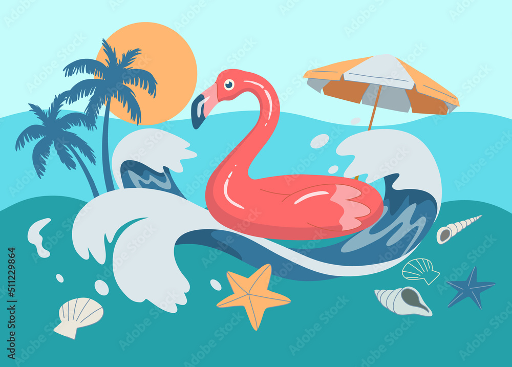 Obraz premium Hello summer background, pink inflatable flamingo on wave, sea shell, coconut tree, sun. Vector design illustration.
