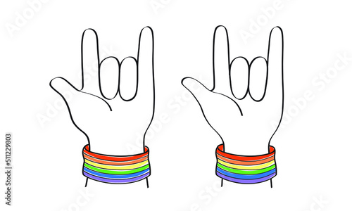 Pride month. LGBTQ+ hands are wearing wristbands showing love symbols in doodle style-cute symbol hand-drawn vector illustration.