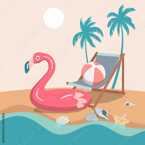 Hello summer festive background, pink inflatable flamingo, sea shell, ball, chair, on the beach. Vector design illustration. © wenich