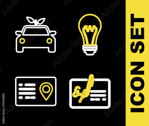 Set line Light bulb, Signed document, Address book and Eco car concept drive icon. Vector