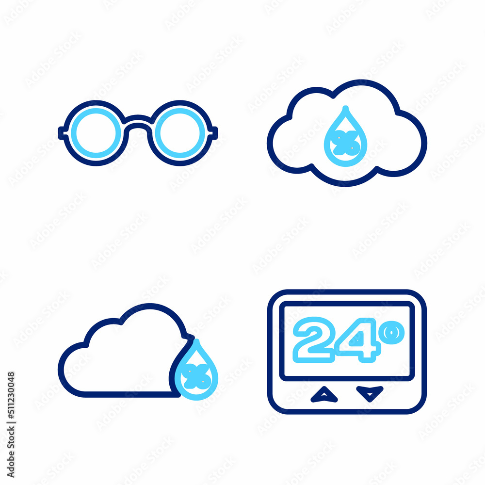 Set line Thermostat, Humidity, and Glasses icon. Vector Set line Thermostat, Humidity, and Glasses icon. Vector