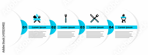 Set line Barbecue grilled shish kebab, Crossed fork and knife, and spatula icon. Vector