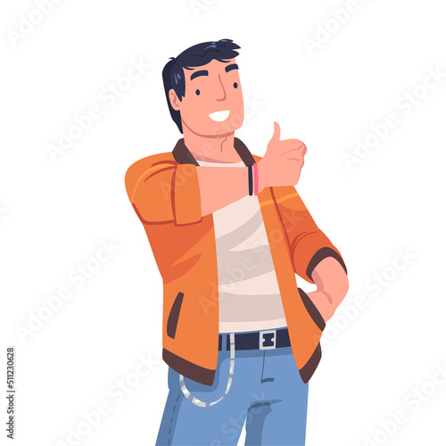 Man Character Showing Positive Thumb Up Hand Gesture as Approval Sign Vector Illustration