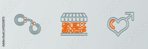 Set line Male gender and heart, Sexy fluffy handcuffs and shop building icon. Vector