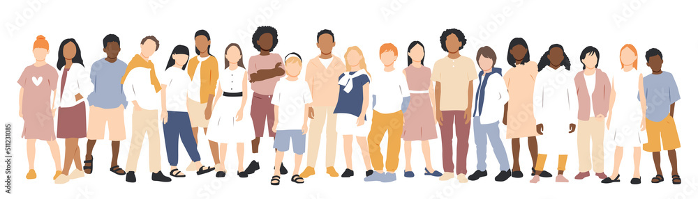 Children of different ethnicities stand side by side together. Flat vector illustration. Children of different ethnicities stand side by side together. Flat vector illustration.