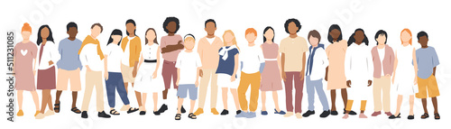 Children of different ethnicities stand side by side together. Flat vector illustration.