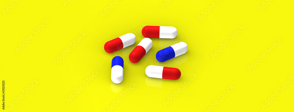 red and blue capsules lie on a yellow background with reflection. medication. Horizontal image. 3D rendering. 3D image red and blue capsules lie on a yellow background with reflection. medication. Horizontal image. 3D rendering. 3D image