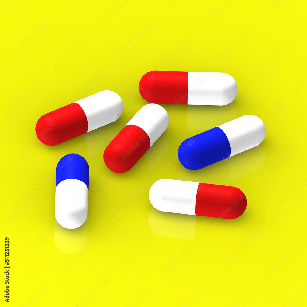 red and blue capsules lie on a yellow background with reflection. medication. Square image. 3D rendering. 3D image red and blue capsules lie on a yellow background with reflection. medication. Square image. 3D rendering. 3D image