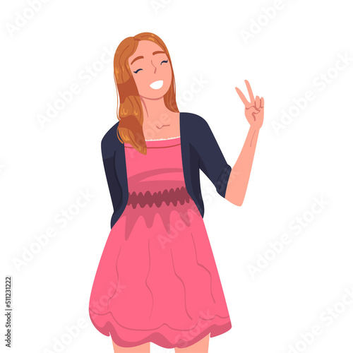 Woman Character Showing Positive V Sign Hand Gesture Vector Illustration