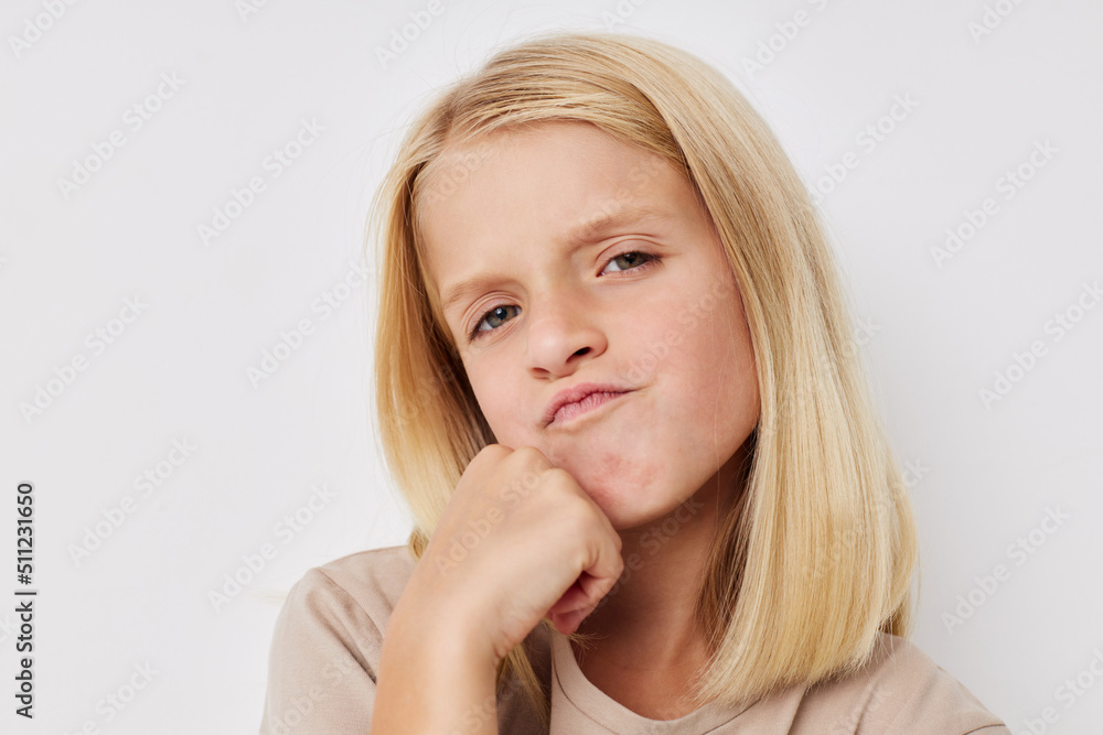 emotional girl fashionable baby clothes posing studio emotional girl fashionable baby clothes posing studio