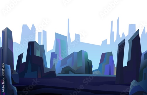 Rocks cliffs landscape. Night scenery in mountains. Dark twilight and dusk. Cartoon flat style. Isolated on white background. Vector