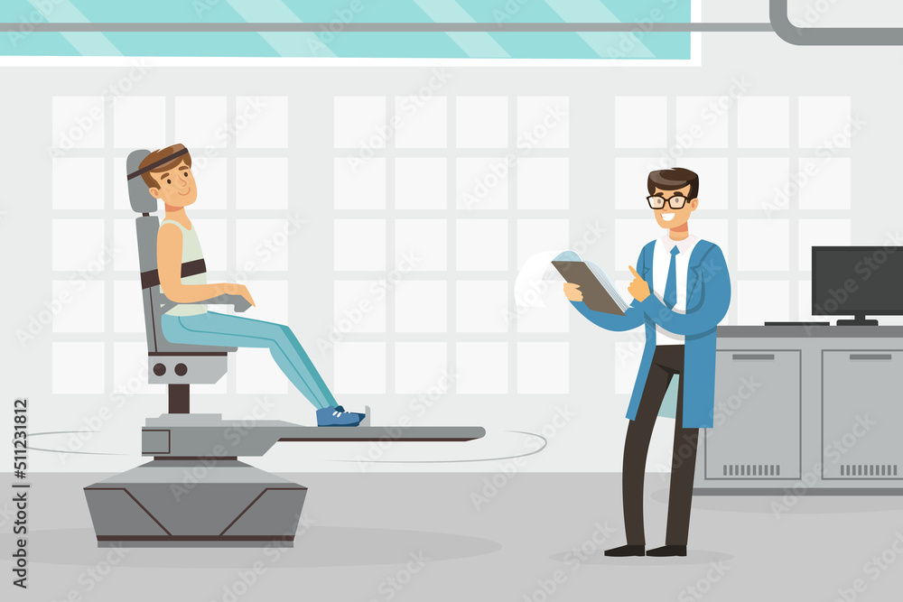 Man Astronaut Preparing for Space Flight Sitting in Chair Engaged in Testing Vector Illustration Man Astronaut Preparing for Space Flight Sitting in Chair Engaged in Testing Vector Illustration